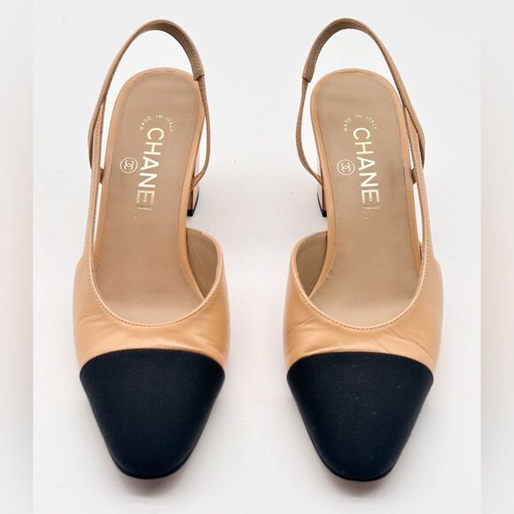 CHANEL Slingback Cap Toe Beige & Black Heels Leather Pumps EU 37.5 US 6.5-7 - Picture 2 of 15